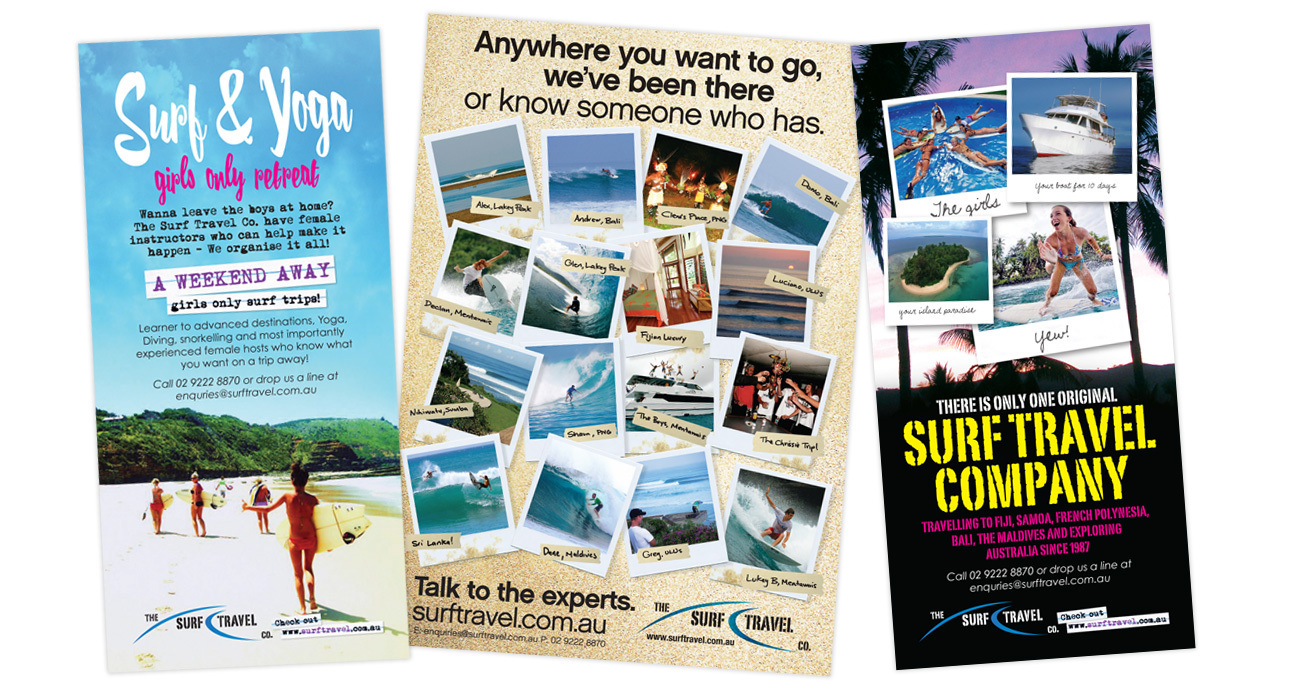 Branding: flyer, posters, websites, catalogues, advertising banner for Surf Travel